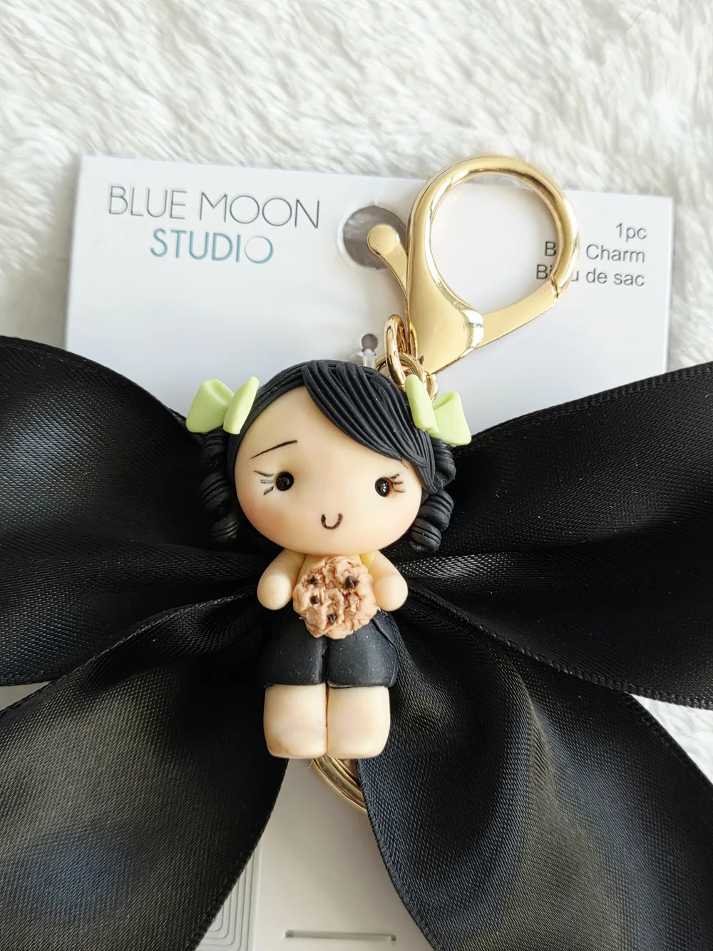 Black Bow Clay Doll With Cookie Bag Charm Adorable Keychain